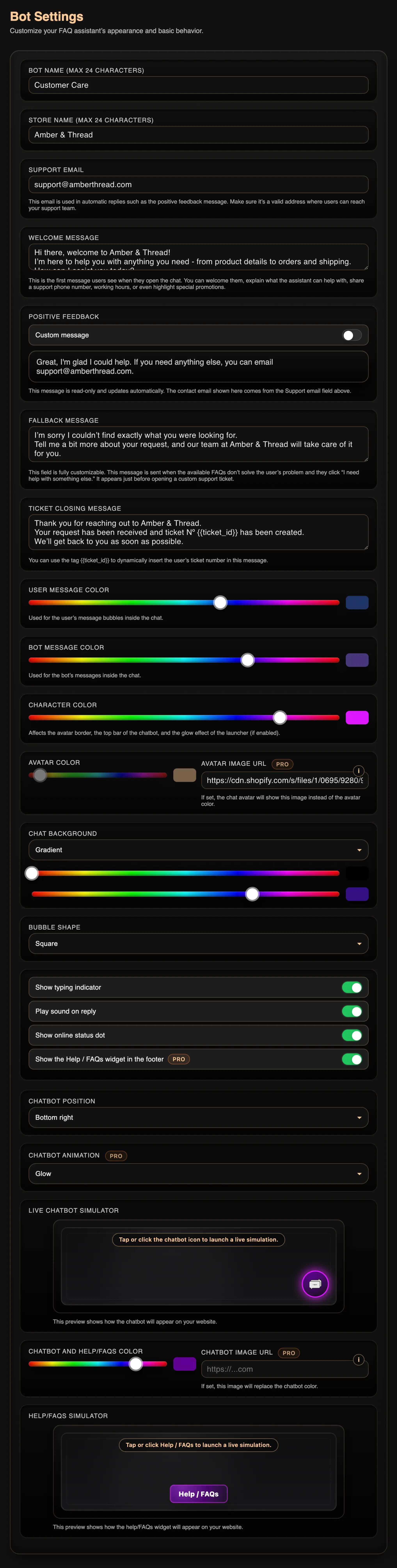 Bot settings preview