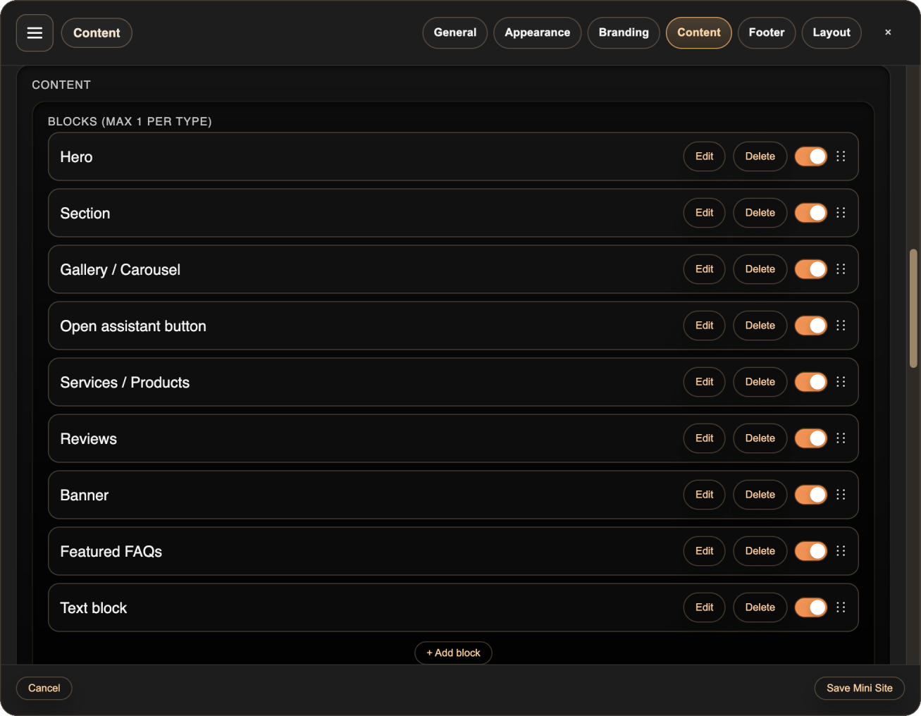 Mini Site editor preview