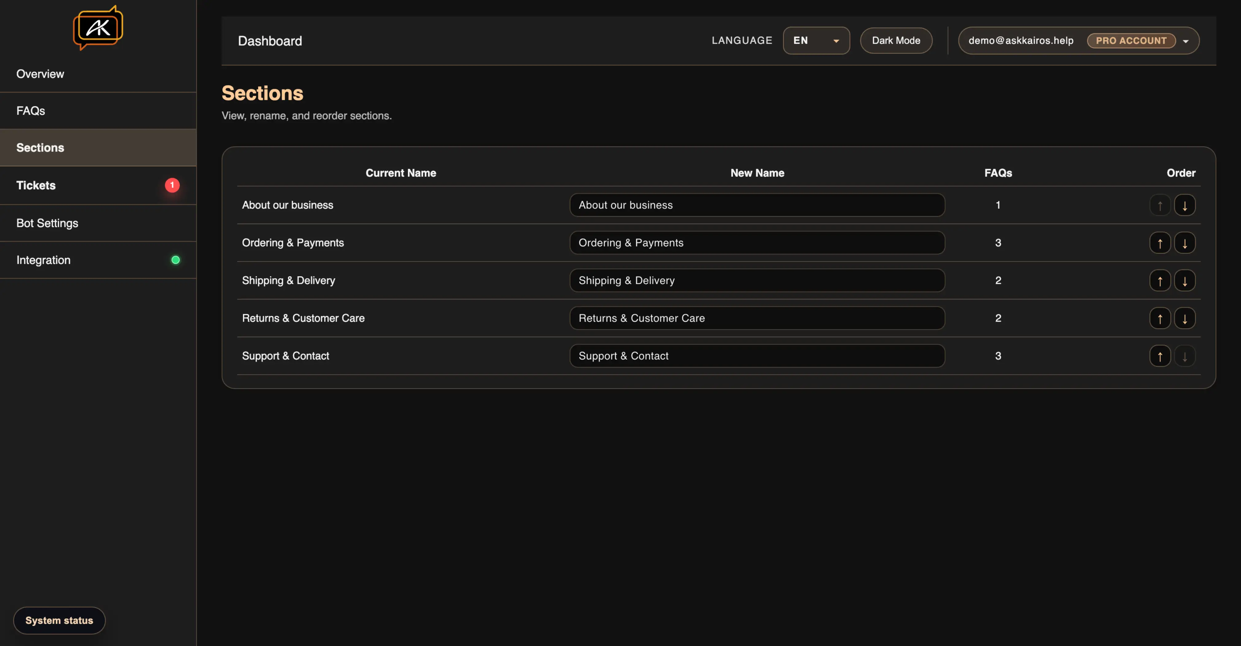 Sections manager preview